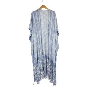 Three Bird Nest Blue Paisley Floral Duster Kimono Boho Layering Piece One Size